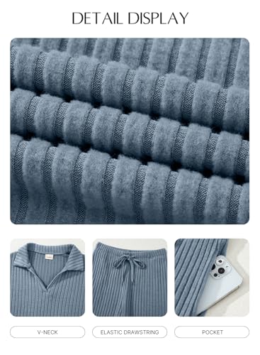 EVALESS Womens Pajama Sets Long Sleeve Sleepwear Matching Drawstring Elastic Pj Pants Ribbed Knit 2 Piece Lounge Set - color: Beau Blue, size: X-Large