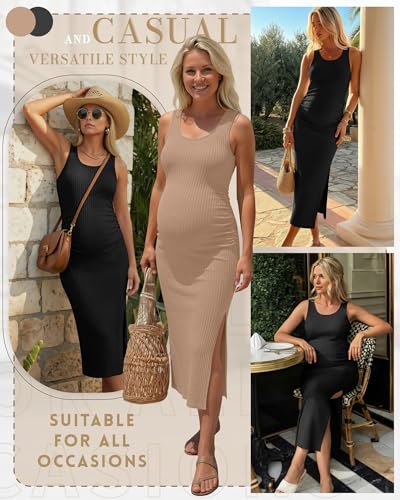 2 Pack Womens Split Long Maternity Dress - color: Light Khaki, Black, size: Large