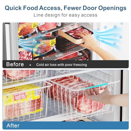 iSPECLE Upright Freezer Organizer Bins - Fits 14 to 15.5 Cu.Ft Stand up Freezer, 4 Pack Medium Upright Baskets, High-Sided Easy-View Design for Better Airflow, White