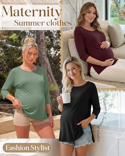 3 Pack Women's 3/4 Sleeve Maternity Loose Crewneck Tops - color: Light Green, Wine Red, Black, size: Medium