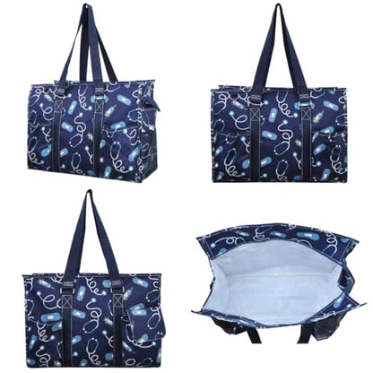 NGIL Work Tote Bag with Exterior Pockets - color: Blue Nurse Print-navy