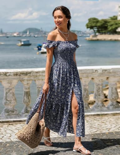 Women Summer Casual Midi Dress Square Neck Button Down Smocked Ruffle Strap Flowy Split Beach Sundress Pockets - color: Blue Floral, size: Small