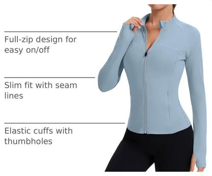Rapbin Women's Full Zip Workout jackets Runing Slim Fit Athletic Tops With Thumb Holes - color: Blue, size: X-Large