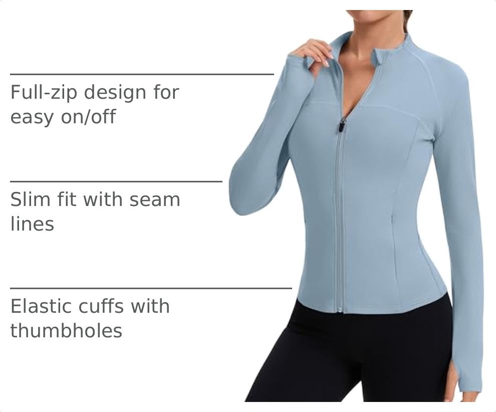 Rapbin Women's Full Zip Workout jackets Runing Slim Fit Athletic Tops With Thumb Holes - color: Blue, size: Medium