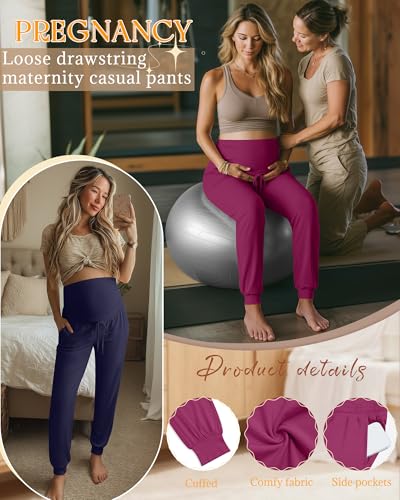 3 Pack Womens Maternity Pants Loose Pregnancy Joggers - color: Fuchsia, Navy Blue, Black, size: Medium