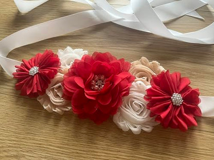 Flowers for Sashes Maternity Pregnancy Sash Belt for Baby Shower Wedding Bride - color: Red