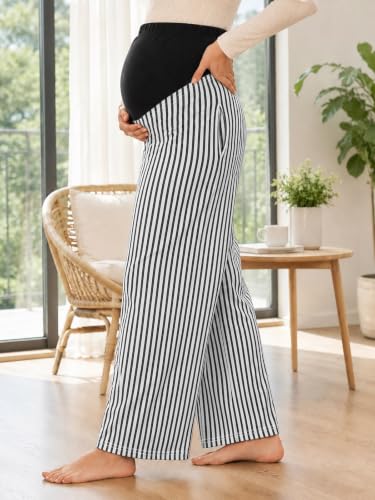 Yousify Womens Maternity Pants Casual Wide Leg Pregnancy Trousers - color: Black Striped, size: Medium