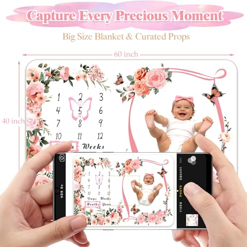 Baby Girl Monthly Milestone Blanket Set 60"x40" Photo Backdrop