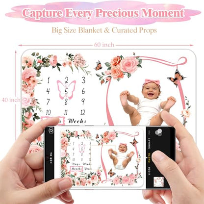 Baby Girl Monthly Milestone Blanket Set 60"x40" Photo Backdrop