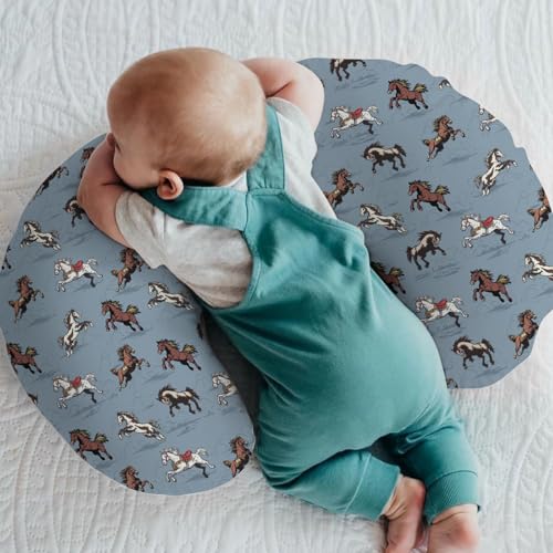 Vintage Wild Horses Baby Nursing Pillow Covers for Boy Girl Running Horse Nursing Slipcovers for Breastfeeding Pillows Wild Western Cowboy Animal Soft Stretchy Removable Cover for Newborn Infant Blue - color: Blue