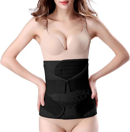 ChongErfei 3 in 1 Postpartum Belly Wrap Recovery Band Belt Abdominal Binder - color: Black, size: X-Large