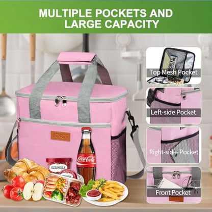 IKNOE 24-Can Insulated Cooler Bag, Leak-Resistant Lunch Tote Pink - color: Pink, size: Large