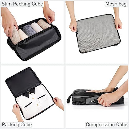 Bagail Ultralight Compression Cubes 7 Set - 3 Packing Cubes, 3 Organizers, and 1 Shoe Bag - color: The Black, style: Cloth Pattern