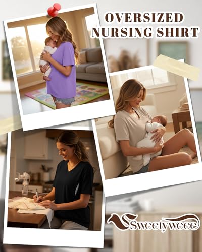 3 Pack Women's Oversize Nursing Shirts - color: Light Purple, Khaki, Black, size: XX-Large