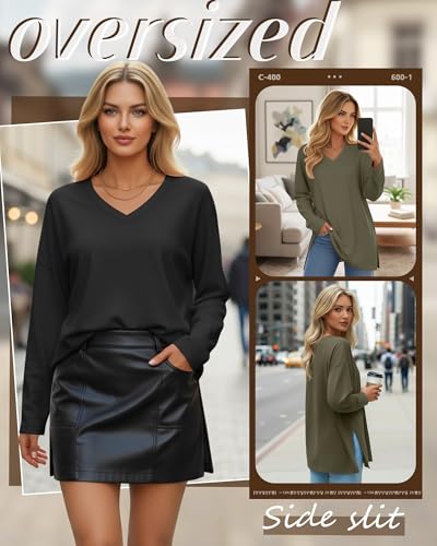 Huukeay 3 Pack Women's Oversized Long Sleeve V Neck Shirts - color: Black, Gray, Army Green, size: X-Large