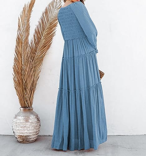 R.Vivimos Long Sleeve V Neck Flowy Maxi Dresses for Women - color: Blue, size: Medium