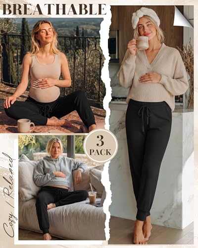 3 Pack Women Maternity Pants Pregnancy Lounge Jogger - color: Black, Black, Black, size: Medium