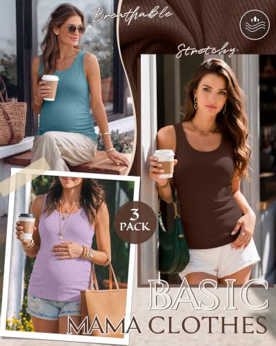Riyiper 3 Pack Women's Maternity Tank Tops - color: Coffee, Light Purple, Light Gray Blue, size: Large