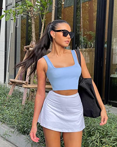 OLCHEE Womens 3 Pack Crop Tank Tops Sleeveless Square Neck Workout Top - color: Black + Beige + Light Blue, size: Small
