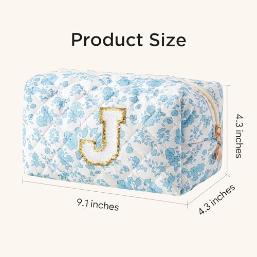 HBselect Personalized Makeup Bag for Women Initial Quilted Toiletry Bag - color: Blue Flower, size: J