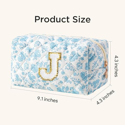 HBselect Personalized Makeup Bag for Women Initial Quilted Toiletry Bag - color: Blue Flower, size: J