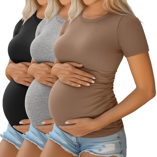 Ficerd 3 Pack Women's Short Sleeve Maternity Shirts - color: Black, Light Heather Gray, Light Coffee, size: XX-Large