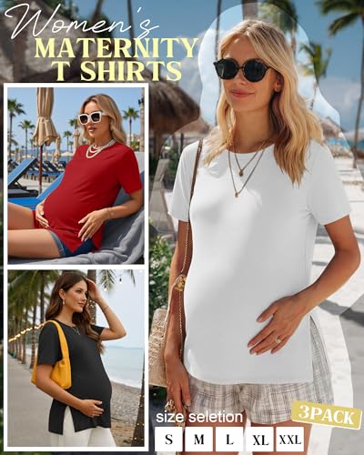 Ficerd 3 Pack Women's Maternity T Shirts - color: Red, White, Black, size: Small