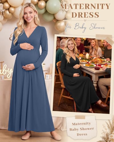 Neer 2 Pcs Maternity Maxi Dresses Long Sleeve Fall Nursing Dress - color: Haze Blue, Black, size: Medium
