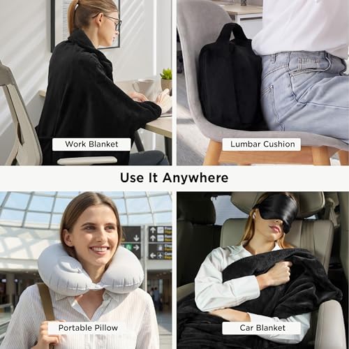 Bedsure Travel Blanket Set with Inflatable Neck Pillow and Eye Mask, Black - color: Black