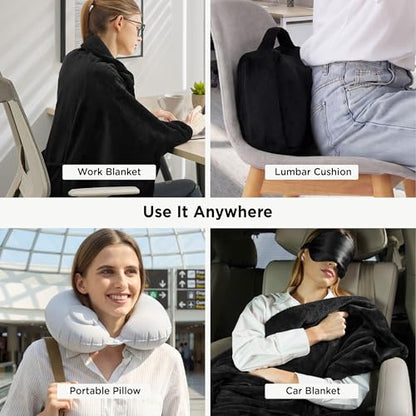 Bedsure Travel Blanket Set with Inflatable Neck Pillow and Eye Mask, Black - color: Black