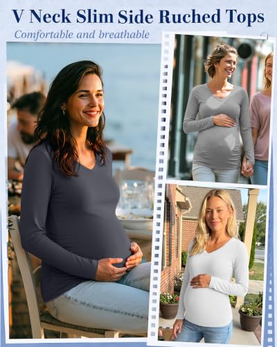 Neer 4 Pack Maternity Long Sleeve V Neck Under Scrub Tops - color: Black, White, Dark Gray, Light Heather Gray, size: Medium