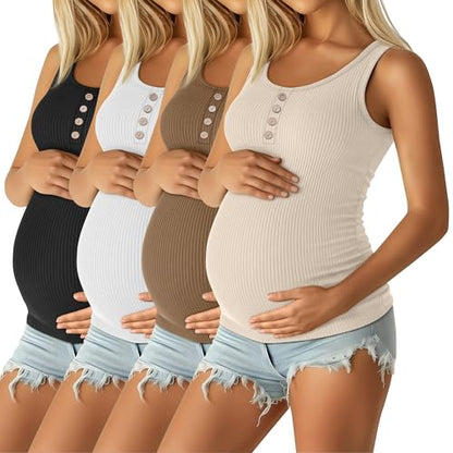 4 Pack Maternity Henley Tank Tops - color: Apricot, Light Coffee, White, Black, size: XX-Large