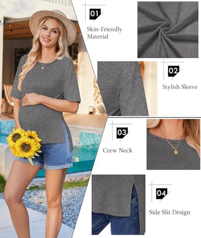 Ekouaer Maternity Shirts 3 Packs Short Sleeve Split Side Pregnancy Tops - color: Black/Dark Gray/Dirty Pink, size: Small