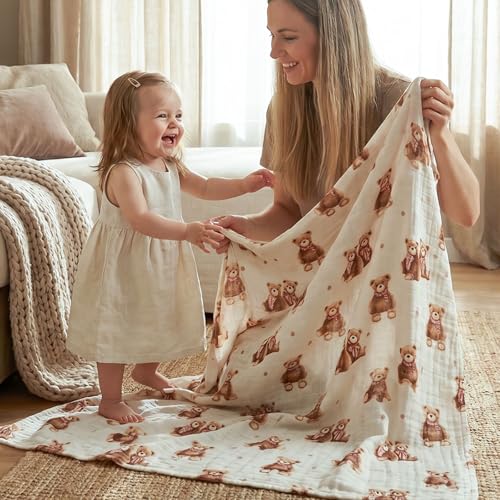 Muslin Swaddle Blankets for Newborn, Cotton Receiving Blanket - color: Bear Checkered