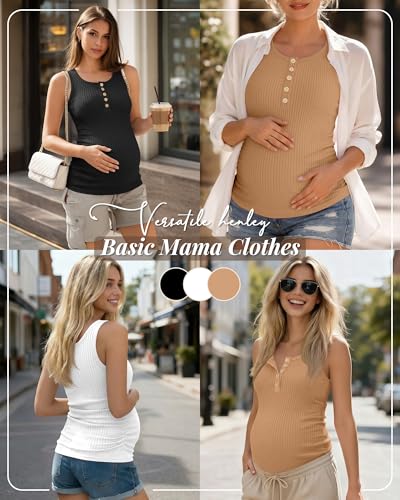 3 Pack Maternity Tank Tops Ribbed Tops - color: Dusty Peach, White, Black, size: Large