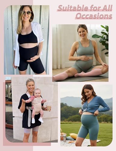 CTHH 4 Pack Soft Maternity Biker Shorts Over Belly with Pockets 8" - color: 01- Black/Grey/Pink/Cyan, size: Medium