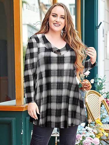 LARACE Women Plus Size Tunic Tops Long Sleeve Shirts for Leggings - color: 7-black_plaid, size: 2X