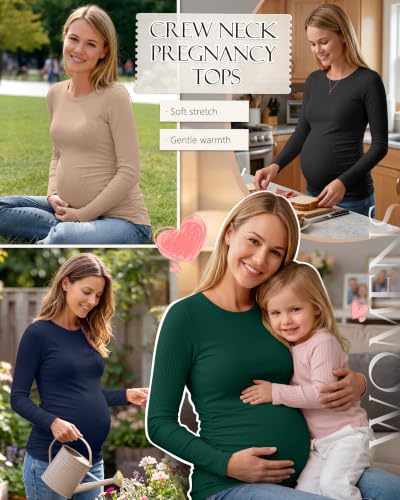 Ficerd 4 Pack Women's Maternity Shirts Long Sleeve Pregnancy Top - color: Black, Dark Green, Navy Blue, Khaki, size: Large