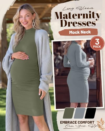 3 Pack Women's Maternity Dresses Long Sleeve Dresses - color: Black, Light Gray, Army Green, size: Medium