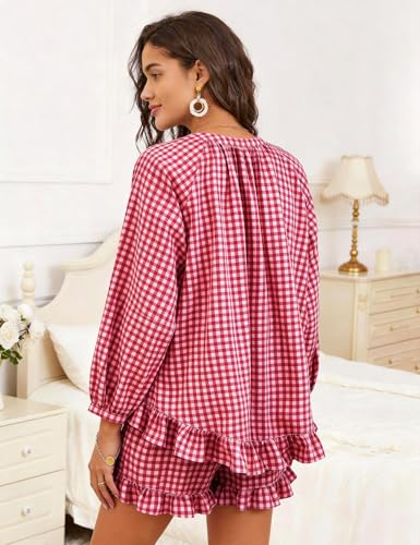 Flygo Womens Gingham 2 Piece Pajama Sets Y2K Cotton Ruffle Short Sets - color: Wine, size: Large