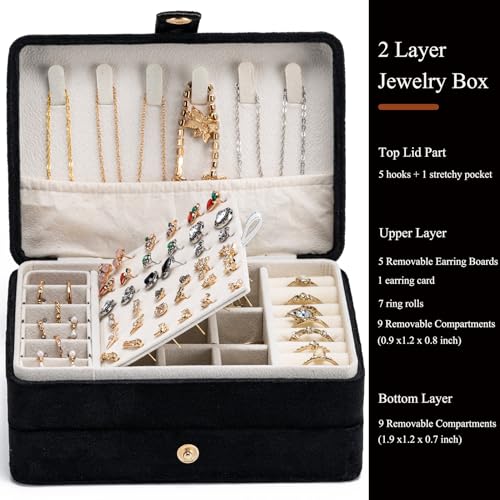 Travel Jewelry Case, 2-Layer Large Jewelry Organizer Box, Black,Velvet - color: Black, size: Large-2 Layer