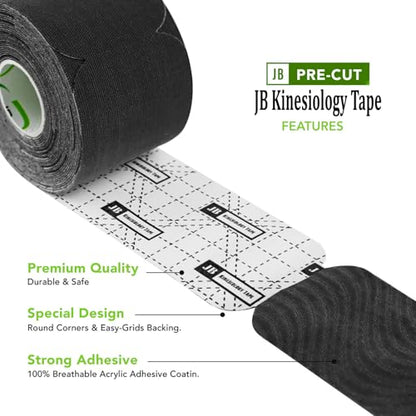 JB Tape Kinesiology Tape, Black, 80 Precut 10-Inch Strips, 4 Rolls - color: Black Jet