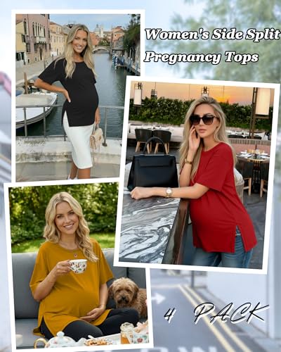 Riyiper 4 Pack Women's Short Sleeve Maternity T Shirts - color: Black, Haze Blue, Yellow, Red, size: Medium