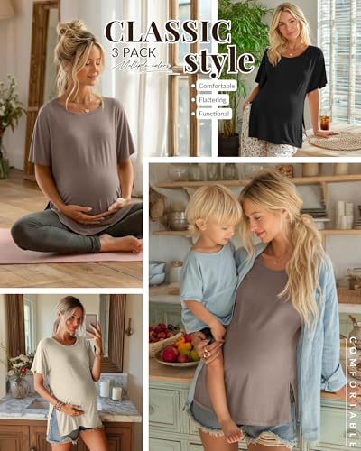 Riyiper 3 Pack Women's Maternity Tunic Cotton Shirts - color: Camel, Beige White, Black, size: Large