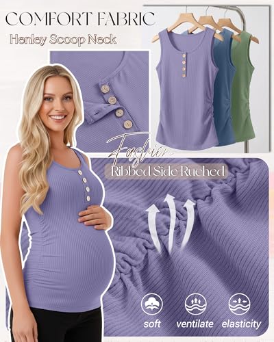 4 Pack Maternity Henley Tank Tops - color: Light Pink, Sage Green, Haze Blue, Lavender, size: Small