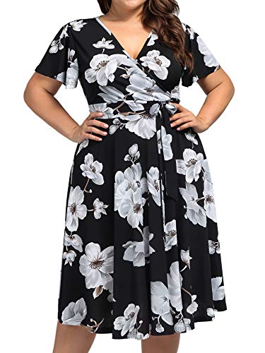 kissmay Plus Size Womens V Neck Floral Cocktail Party Midi Dresses - color: Black/White, size: 22 Plus