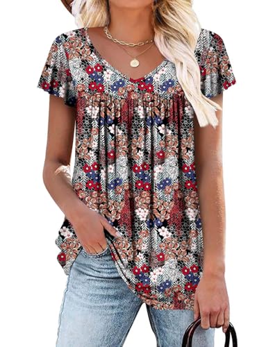 ROSELINLIN Womens Ruffle Sleeve Tunic Tops V Neck Loose Fit Short Sleeve Summer Shirts - color: A Ruffle Sleeve Willow Flower, size: Large