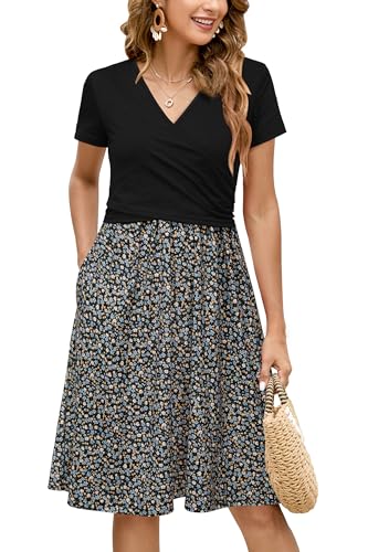 OUGES Women's Wrap V Neck Summer Casual Maternity Nursing Dress - color: Black Floral, size: X-Large