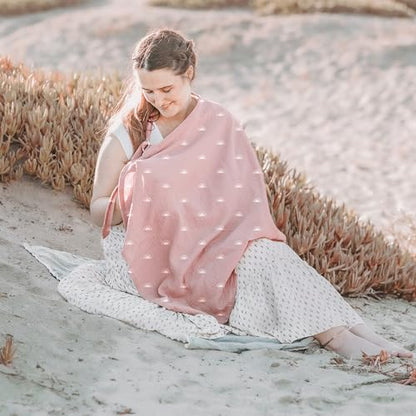 Konssy Muslin Nursing Cover Up for Breastfeeding with Rigid Hoop - color: Pink Sun