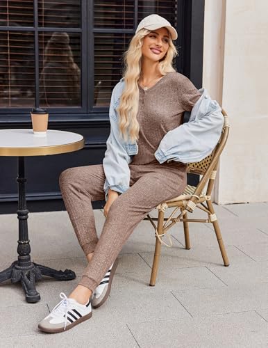Ekouaer Pajama Sets for Womens 2 Piece Jogger Pants Lounge Set - color: Brown, size: Medium